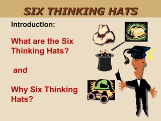 Introduction:
SIX THINKING HATSSIX THINKING HATS
What are the Six
Thinking Hats?
and
Why Six Thinking
Hats?
 