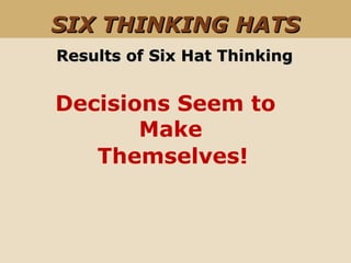 Results of Six Hat ThinkingResults of Six Hat Thinking
Decisions Seem to
Make
Themselves!
SIX THINKING HATSSIX THINKING HATS
 