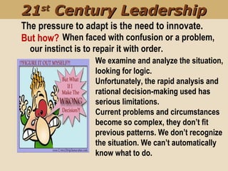 We examine and analyze the situation,
looking for logic.
Unfortunately, the rapid analysis and
rational decision-making used has
serious limitations.
Current problems and circumstances
become so complex, they don’t ﬁt
previous patterns. We don’t recognize
the situation. We can’t automatically
know what to do.
The pressure to adapt is the need to innovate.
But how? When faced with confusion or a problem,
our instinct is to repair it with order.
2121stst
Century LeadershipCentury Leadership
 