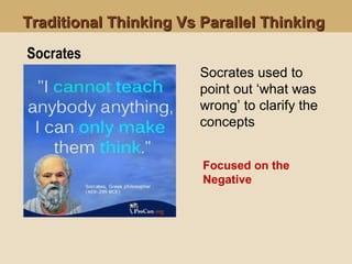 Traditional Thinking Vs Parallel ThinkingTraditional Thinking Vs Parallel Thinking
Focused on the
Negative
Socrates
Socrates used to
point out ‘what was
wrong’ to clarify the
concepts
 