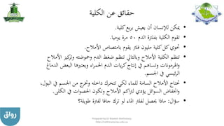 ‫الكلية‬ ‫عن‬ ‫حقائق‬
•‫بع‬‫ر‬‫ب‬ ‫يعيش‬ ‫أن‬ ‫لإلنسان‬ ‫ميكن‬‫كلية‬.
•‫الدم‬ ‫بفلرتة‬ ‫الكلية‬ ‫تقوم‬50‫يوميا‬ ‫مرة‬.
•‫األمالح‬ ‫بامتصاص‬ ‫يقوم‬ ‫فلرت‬ ‫مليون‬ ‫كلية‬‫كل‬‫حتوي‬.
•‫وت‬ ‫ومحوضته‬ ‫الدم‬ ‫ضغط‬ ‫تنظم‬ ‫وبالتايل‬ ‫األمالح‬ ‫الكلية‬ ‫تنظم‬‫األمالح‬ ‫كيز‬‫ر‬
‫ال‬ ‫ويعتربها‬ ‫اء‬‫ر‬‫احلم‬ ‫الدم‬ ‫يات‬‫ر‬‫ك‬‫إنتاج‬ ‫يف‬ ‫وتساهم‬ ‫اهلرمونات‬‫و‬‫الدماغ‬ ‫بعض‬
‫اجلسم‬ ‫يف‬ ‫ئيسي‬‫ر‬‫ال‬.
•‫اجلس‬ ‫من‬ ‫ج‬‫وختر‬ ‫داخله‬ ‫تتحرك‬ ‫لكي‬ ‫للماء‬ ‫السامة‬ ‫األمالح‬ ‫حتتاج‬،‫البول‬ ‫يف‬ ‫م‬
‫ال‬ ‫يف‬ ‫ات‬‫و‬‫احلص‬ ‫وتكون‬ ‫األمالح‬ ‫اكم‬‫رت‬‫ل‬ ‫يؤدي‬ ‫ائل‬‫و‬‫الس‬ ‫اخنفاض‬‫و‬‫كلى‬.
•‫ال‬‫ؤ‬‫س‬:‫طويلة؟‬ ‫لفرتة‬ ‫جافا‬ ‫ترك‬ ‫لو‬ ‫املاء‬ ‫لفلرت‬ ‫حيصل‬ ‫ماذا‬
Prepared by Dr Nazeeh Alothmany
http://nothmany.kau.edu.sa
 