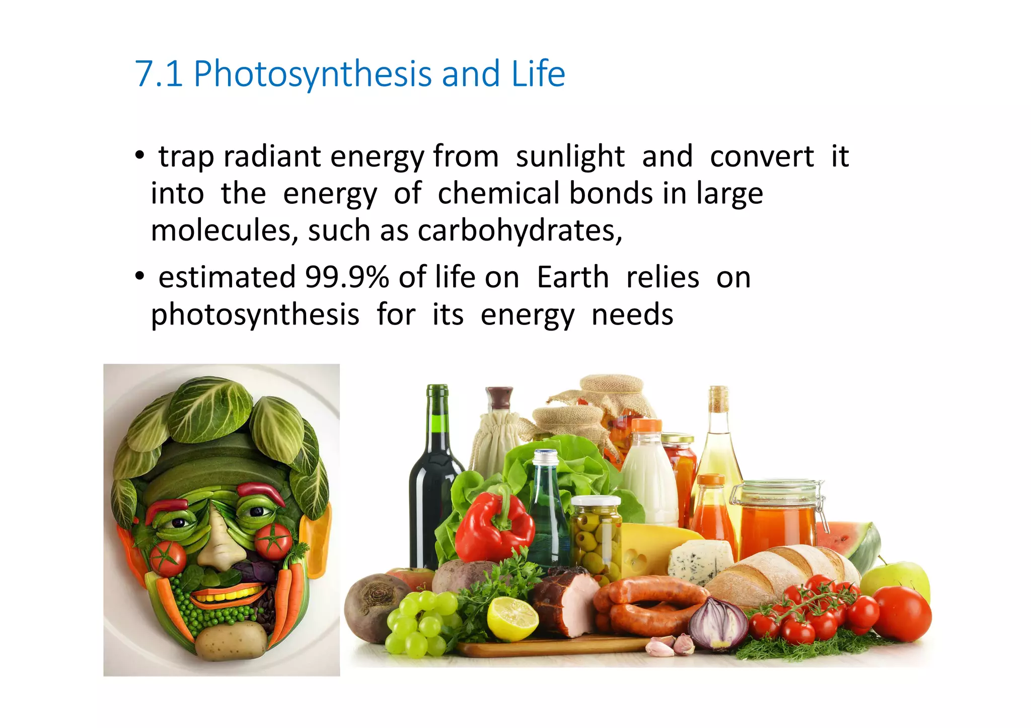 7.1 Photosynthesis and Life 
• trap radiant energy from sunlight and convert it 
into the energy of chemical bonds in large 
molecules, such as carbohydrates, 
• estimated 99.9% of life on Earth relies on 
photosynthesis for its energy needs 
 