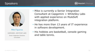 All contents © MuleSoft Inc.
Speakers
52
• Mike is currently a Senior Integration
Consultant at Capgemini + WhiteSky Labs
with applied experience on MuleSoft
integration platform.
• He has more than 13 years of IT experience
in software development.
• His hobbies are basketball, console gaming
and table tennis.
 