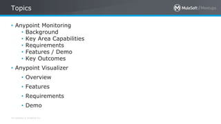 All contents © MuleSoft Inc.
Topics
• Anypoint Monitoring
• Background
• Key Area Capabilities
• Requirements
• Features / Demo
• Key Outcomes
• Anypoint Visualizer
• Overview
• Features
• Requirements
• Demo
 