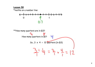 Lesson 50
*tenths on a number line:


         0                         1




**How many quarters are in $3?

        How many quarters in $1?

                So...3 x 4 = 12 quarters (in $3)




                                                   2
 