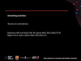 Your partners in muscle and tendon research 
Stretching activities 
Results are contradictory 
Stojanovic MD and Ostojic SM. Res Sports Med. 2011;19(2):73-91 
Rogan S et al. Asian J Sports Med. 2013;4(1):1-9  