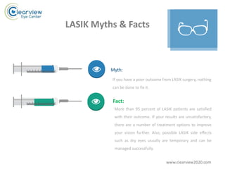 LASIK Myths & Facts
Myth:
If you have a poor outcome from LASIK surgery, nothing
can be done to fix it.
Fact:
More than 95 percent of LASIK patients are satisfied
with their outcome. If your results are unsatisfactory,
there are a number of treatment options to improve
your vision further. Also, possible LASIK side effects
such as dry eyes usually are temporary and can be
managed successfully.
www.clearview2020.com
 