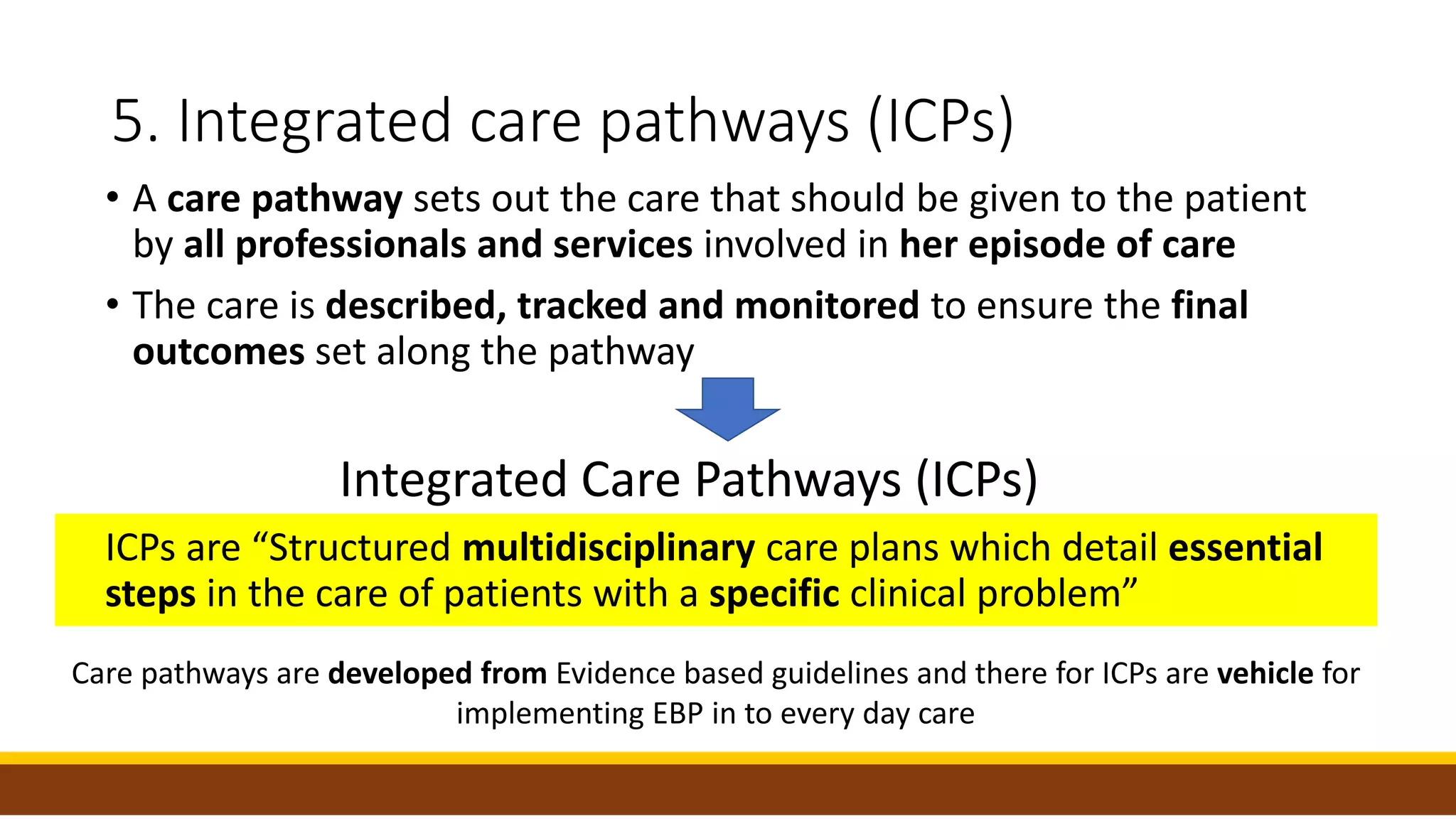 5. Integrated care pathways (ICPs)
• A care pathway sets out the care that should be given to the patient
by all professionals and services involved in her episode of care
• The care is described, tracked and monitored to ensure the final
outcomes set along the pathway
Integrated Care Pathways (ICPs)
ICPs are “Structured multidisciplinary care plans which detail essential
steps in the care of patients with a specific clinical problem”
Care pathways are developed from Evidence based guidelines and there for ICPs are vehicle for
implementing EBP in to every day care
 