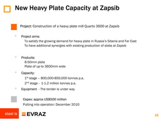 New Heavy Plate Capacity at Zapsib

           Project: Construction of a heavy plate mill Quarto 3600 at Zapsib

      ◦    Project aims:
             To satisfy the growing demand for heavy plate in Russia’s Siberia and Far East
             To have additional synergies with existing production of slabs at Zapsib


      ◦    Products:
             8-50mm plate
             Plate of up to 3600mm wide
      ◦    Capacity:
             1st stage – 800,000-850,000 tonnes p.a.
             2nd stage - 1-1.2 million tonnes p.a.
      ◦    Equipment - The tender is under way

            Capex: approx US$500 million
            Putting into operation: December 2010

steel is                                                                                      16
 