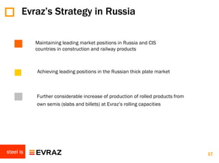 Evraz’s Strategy in Russia

           Maintaining leading market positions in Russia and CIS
           countries in construction and railway products



           Achieving leading positions in the Russian thick plate market



           Further considerable increase of production of rolled products from
           own semis (slabs and billets) at Evraz’s rolling capacities




steel is                                                                         17
 