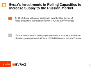 Evraz’s Investments in Rolling Capacities to
       Increase Supply to the Russian Market

           By 2012, Evraz will supply additionally over 3 million tonnes of
           rolled products to the Russian market (+40% to 2007 volumes)




           Evraz’s investments in rolling capacity extension in order to satisfy the
           Russian growing demand will total US$1.8 billion over the next 5 years




steel is                                                                               9
 