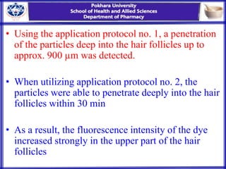 • Using the application protocol no. 1, a penetration
of the particles deep into the hair follicles up to
approx. 900 µm was detected.
• When utilizing application protocol no. 2, the
particles were able to penetrate deeply into the hair
follicles within 30 min
• As a result, the fluorescence intensity of the dye
increased strongly in the upper part of the hair
follicles
 