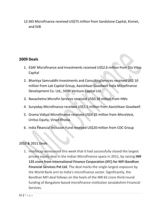 12.SKS Microfinance received US$75 million from Sandstone Capital, Kismet,
and SVB
2009 Deals
1. ESAF Microfinance and Investments received US$2.6 million from Dia Vikas
Capital
2. Bhartiya Samruddhi Investments and ConsultingServices received US$ 10
million from Lok Capital Group, Aavishkaar Goodwell India Microfinance
Development Co. Ltd., SIDBI Venture Capital Ltd.
3. Navachetna Microfin Services received US$0.38 million from HNIs
4. Suryoday Microfinance received US$1.5 million from Aavishkaar Goodwell
5. Grama Vidiyal Microfinance received US$4.25 million from MicroVest,
Unitus Equity, Vinod Khosla.
6. India Financial Inclusion Fund received US$20 million from CDC Group
2010 & 2011 Deals
1. Intellecap announced this week that it had successfully closed the largest
private equity deal in the Indian Microfinance space in 2011, by raising INR
135 crore from International Finance Corporation (IFC) for MFI Bandhan
Financial Services Pvt Ltd. The deal marks the single-largest exposure by
the World Bank arm to India’s microfinance sector. Significantly, the
Bandhan MFI deal follows on the heels of the INR 65 crore third-round
funding of Bangalore-based microfinance institution Janalakshmi Financial
Services.
61 | P a g e
 