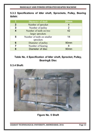 MANUALLY AND POWER OPERATED REAPER MACHINE
GUJARAT TECHNOLOGICAL UNIVERSITY, AHEMEDABAD, 2016 Page 13
5.3.3 Specifications of Idler shaft, Sprockets, Pulley, Bearing
&disk:
1 Diameter of shaft 20mm
2 Number of sprocket 4
3 Number of pulley 2
4 Number of teeth on two
larger sprockets
42
5 Number of teeth on smaller
sprockets
14
6 Diameter of pulley 90mm
7 Number of bearing 8
8 Diameter of disc 90mm
Table No. 4 Specification of Idler shaft, Sprocket, Pulley,
Bearing& Disc
5.3.4 Shaft:
Figure No. 5 Shaft
 