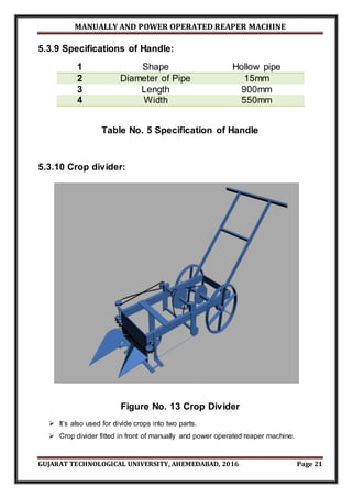 MANUALLY AND POWER OPERATED REAPER MACHINE
GUJARAT TECHNOLOGICAL UNIVERSITY, AHEMEDABAD, 2016 Page 21
5.3.9 Specifications of Handle:
1 Shape Hollow pipe
2 Diameter of Pipe 15mm
3 Length 900mm
4 Width 550mm
Table No. 5 Specification of Handle
5.3.10 Crop divider:
Figure No. 13 Crop Divider
 It’s also used for divide crops into two parts.
 Crop divider fitted in front of manually and power operated reaper machine.
 