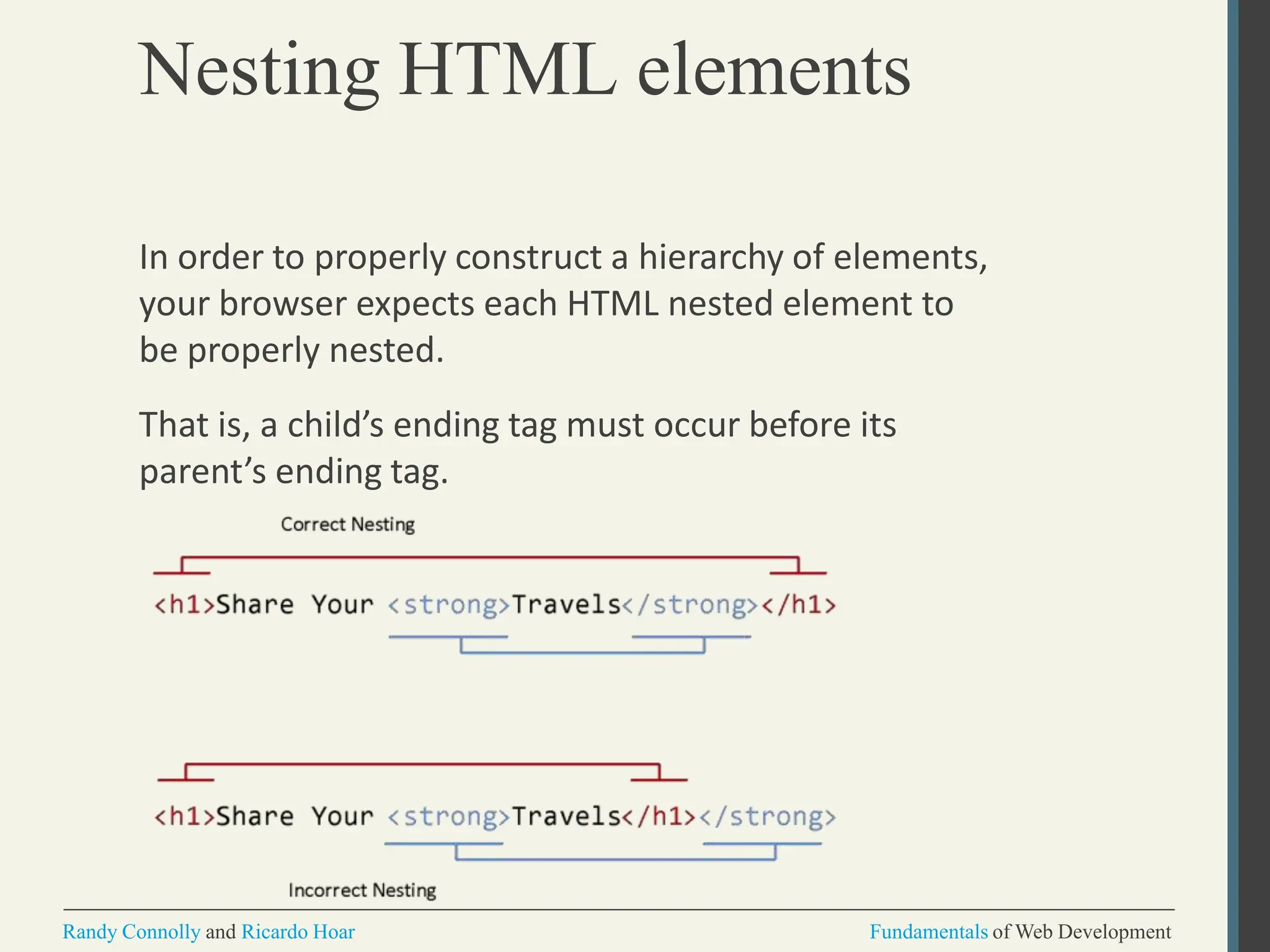 Nesting HTML elements
Randy Connolly and Ricardo Hoar Fundamentals of Web Development
In order to properly construct a hierarchy of elements,
your browser expects each HTML nested element to
be properly nested.
That is, a child’s ending tag must occur before its
parent’s ending tag.
 