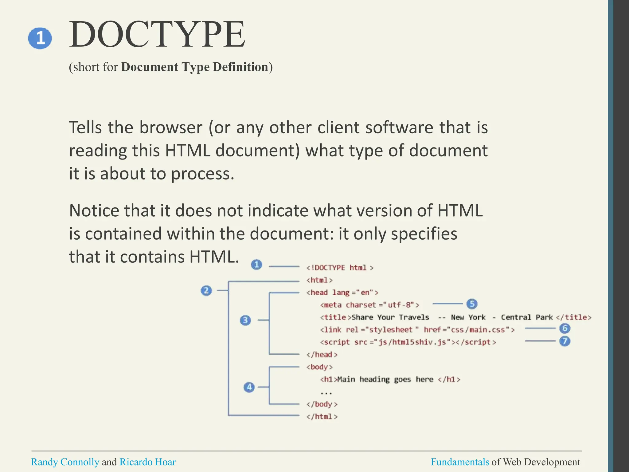 Tells the browser (or any other client software that is
reading this HTML document) what type of document
it is about to process.
Notice that it does not indicate what version of HTML
is contained within the document: it only specifies
that it contains HTML.
DOCTYPE
(short for Document Type Definition)
Randy Connolly and Ricardo Hoar Fundamentals of Web Development
 