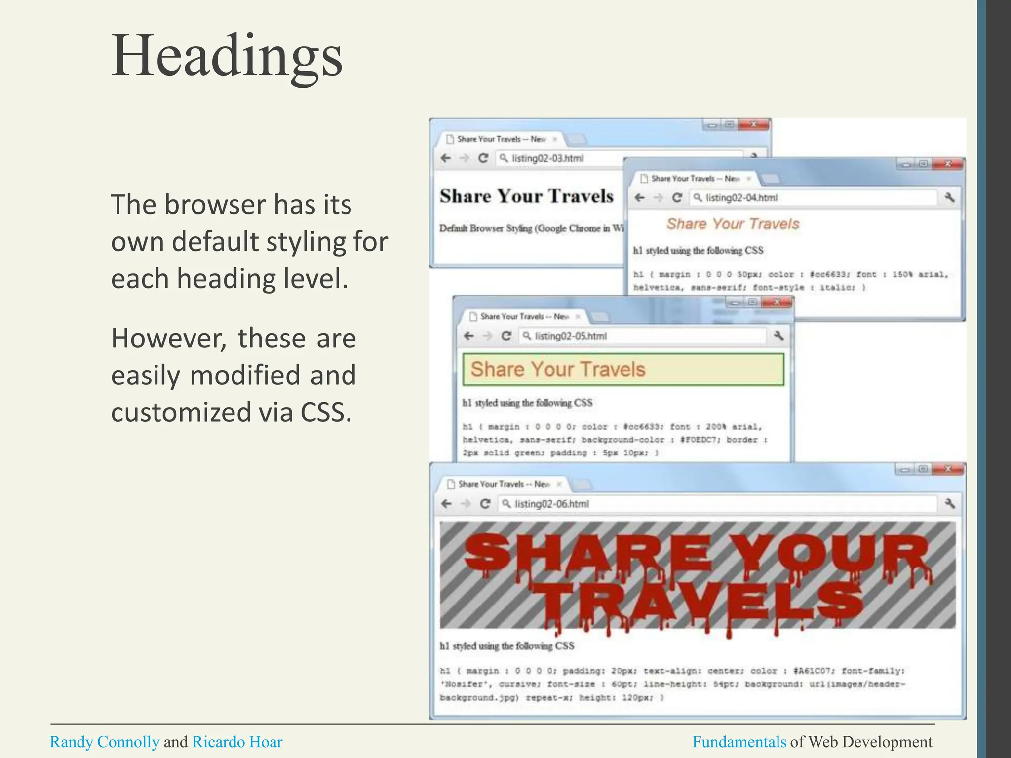 Headings
Randy Connolly and Ricardo Hoar Fundamentals of Web Development
The browser has its
own default styling for
each heading level.
However, these are
easily modified and
customized via CSS.
 