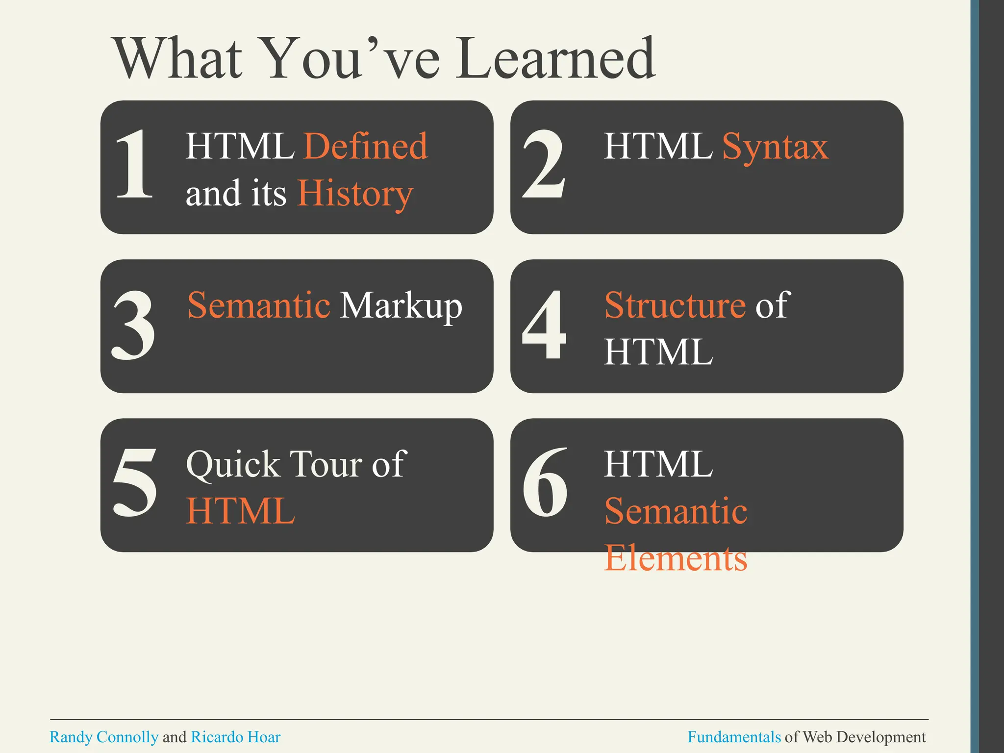 What You’ve Learned
HTML Defined
and its History
HTML Syntax
Semantic Markup Structure of
HTML
Quick Tour of
HTML
HTML
Semantic
Elements
Randy Connolly and Ricardo Hoar Fundamentals of Web Development
1
3
5
2
4
6
 