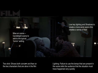 Low key lighting and Shadows to 
create a more eerie scene this 
creates a sense of fear 
Mise en scene – 
Candlelight scene to 
add to the typical 
‘horror’ setting 
Two shot: Shows both concern and fear on 
the two characters that are alive in the film 
Lighting: Failure to use the lamps that are present in 
the scene tells the audience that the situation must 
have happened very quickly 
 