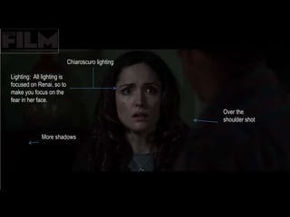 Lighting: All lighting is 
focused on Renai, so to 
make you focus on the 
fear in her face. 
Chiaroscuro lighting 
Over the 
shoulder shot 
More shadows 
 