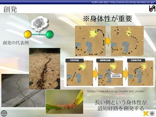 KURI-LAB 2021 http://www.ai.comp.ae.keio.ac.jp/
創発
創発の代表例
https://mas.kke.co.jp/model/ant_model/
※身体性が重要
長い列という身体性が
最短経路を創発する
 
