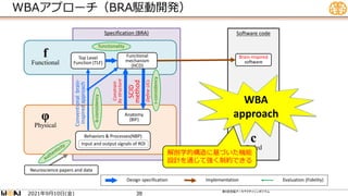 WBAアプローチ（BRA駆動開発）
第６回全脳アーキテクチャシンポジウム
Design specification Implementation Evaluation (Fidelity)
Software code
Specification (BRA)
Constrain
by
structure
Top Level
Function (TLF)
SCID
method
Define
UCs
Conventional
brain-
inspired
approach
b-consistency
functionality
s-consistency
Neuroscience papers and data
Behaviors & Processes(NBP)
Input and output signals of ROI
Brain-inspired
software
Anatomy
(BIF)
Functional
mechanism
(HCD)
c
Coded
φ
Physical
f
Functional
WBA
approach
解剖学的構造に基づいた機能
設計を通じて強く制約できる
年 月 日 金
2021 9 10 ( ) 38
 
