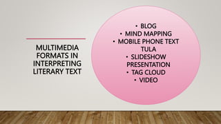 MULTIMEDIA
FORMATS IN
INTERPRETING
LITERARY TEXT
• BLOG
• MIND MAPPING
• MOBILE PHONE TEXT
TULA
• SLIDESHOW
PRESENTATION
• TAG CLOUD
• VIDEO
 