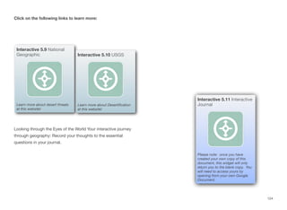 Click on the following links to learn more:
Looking through the Eyes of the World Your interactive journey
through geography: Record your thoughts to the essential
questions in your journal.
124
Interactive 5.9 National
Geographic
Learn more about desert threats
at this website!
Interactive 5.10 USGS
Learn more about Desertification
at this website!
Interactive 5.11 Interactive
Journal
Please note: once you have
created your own copy of this
document, this widget will only
return you to the blank copy. You
will need to access yours by
opening from your own Google
Document.
 