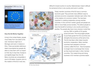 How the EU Works Together
Living in the United States, people
move freely from one state to the
next. Someone might live in
Michigan and work in Indiana or
Ohio. There are borders defining a
state's boundaries but people are
able to cross them with no impact
on their day to day lives. Europe is
just slightly larger than the US.
Many countries are comparable in
size to US states, however, prior to
the creation of the EU it was very
diﬃcult to travel country to country. National laws made it diﬃcult
for someone to live in one country and work in another.
Today member countries of the EU have a common
economic goal. They promote many diﬀerent ways to
promote economic cooperation between each other. One
is the creation of a common market. This has been
important in creating cooperation among member
countries. In this common market, goods and people are
able to move freely across borders. This allows people to
have the benefit of working in one country and living in
another. The people also have more choices in what they
can buy. With no tariﬀs on EU goods,
prices are lower. This encourages people
to purchase goods from EU countries and
strengths the economy at the same time.
The EU has taken other steps towards
economic cooperation. Many member
countries have adopted a common
currency called the Euro. Now Europeans
no longer have to exchange their money
as they travel and trade in other member
countries. This makes living and doing
business in EU member countries easier.
161
Interactive 7.10 How the
EU Works
Learn more about how the EU
Works in this video (requires
internet connection)
Image source: http://upload.wikimedia.org/wikipedia/commons/8/8b/
EU_map_names_isles.png
Image source: http://upload.wikimedia.org/wikipedia/
commons/6/65/Euro_coins_and_banknotes.jpg
 