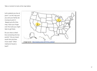 Take a moment to look at the map below.
Let’s pretend you live at
point 1 on the map and
you and your family are
moving to point 2.
Based just oﬀ of this
map, trace your finger
over the route you might
take to get there.
Do you draw a direct
line connecting the two
points? Do you travel
south first and then
move west? What
method of travel is
best?
37
 