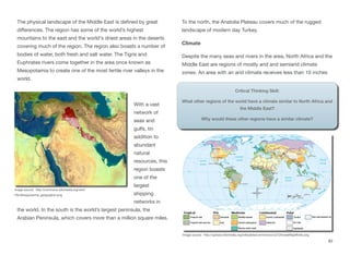 The physical landscape of the Middle East is defined by great
diﬀerences. The region has some of the world’s highest
mountains to the east and the world's driest areas in the deserts
covering much of the region. The region also boasts a number of
bodies of water, both fresh and salt water. The Tigris and
Euphrates rivers come together in the area once known as
Mesopotamia to create one of the most fertile river valleys in the
world.
With a vast
network of
seas and
gulfs, tin
addition to
abundant
natural
resources, this
region boasts
one of the
largest
shipping
networks in
the world. In the south is the world’s largest peninsula, the
Arabian Peninsula, which covers more than a million square miles.
To the north, the Anatolia Plateau covers much of the rugged
landscape of modern day Turkey.
Climate
Despite the many seas and rivers in the area, North Africa and the
Middle East are regions of mostly arid and semiarid climate
zones. An area with an arid climate receives less than 10 inches
82
Image source: http://commons.wikimedia.org/wiki/
File:Mesopotamia_geographic.png
Image source: http://upload.wikimedia.org/wikipedia/commons/c/c2/ClimateMapWorld.png
Critical Thinking Skill:
What other regions of the world have a climate similar to North Africa and
the Middle East?
Why would these other regions have a similar climate?
 