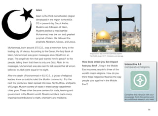 Islam
Islam is the third monotheistic religion
developed in the region in the 600s
CE in present day Saudi Arabia.
Muslims are followers of Islam.
Muslims believe a man named
Muhammad was the last and greatest
prophet of Islam. He followed the
prophets Abraham, Moses, and Jesus.
Muhammad, born around 570 C.E., was a merchant living in the
trading city of Mecca. According to the Quran, the holy book of
Islam, Muhammad was given messages about God from an
angel. The angel told him that god wanted him to preach to the
people, telling them that there is only one God, Allah. In his
messages, Muhammad was also sent to tell people that all whom
believed in Allah were equal in his sight.
After the death of Muhammad in 632 C.E., a group of religious
leaders know as caliphs ruled the Muslim community. For the
next few centuries, Islam spread into Asia, North Africa, and parts
of Europe. Muslim control of trade in these areas helped their
cities grow. These cities became centers for trade, learning and
government in the Muslim world. Muslim scholars made many
important contributions to math, chemistry and medicine.
How does where you live impact
how you live? Living in the Middle
East exposes people to three of the
world’s major religions. How do you
think these religions influence the way
people your age live in the Middle
East?
88
Image source: http://commons.wikimedia.org/wiki/
File:PikiWiki_Israel_13177_Christianity_and_Islam.jpg
Interactive 4.5
Comparative Religions
Complete this handout with your
knowledge from this section and
any additional research you need.
 