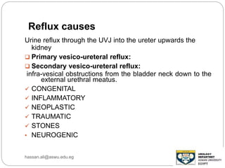 Reflux causes
Urine reflux through the UVJ into the ureter upwards the
kidney
 Primary vesico-ureteral reflux:
 Secondary vesico-ureteral reflux:
infra-vesical obstructions from the bladder neck down to the
external urethral meatus.
 CONGENITAL
 INFLAMMATORY
 NEOPLASTIC
 TRAUMATIC
 STONES
• NEUROGENIC
hassan.ali@aswu.edu.eg
 