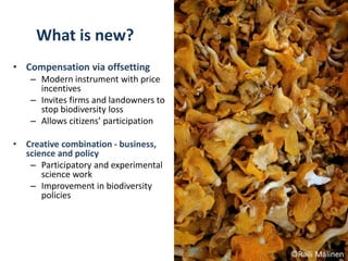 What is new?
• Compensation via offsetting
– Modern instrument with price
incentives
– Invites firms and landowners to
stop biodiversity loss
– Allows citizens’ participation
• Creative combination - business,
science and policy
– Participatory and experimental
science work
– Improvement in biodiversity
policies
©Raili Malinen
 
