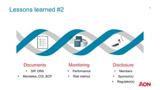 Lessons learned #2
• Members
• Sponsor(s)
• Regulator(s)
Disclosure
• Performance
• Risk metrics
Monitoring
• SIP, ORA
• Mandates, COI, BCP
Documents
4
 