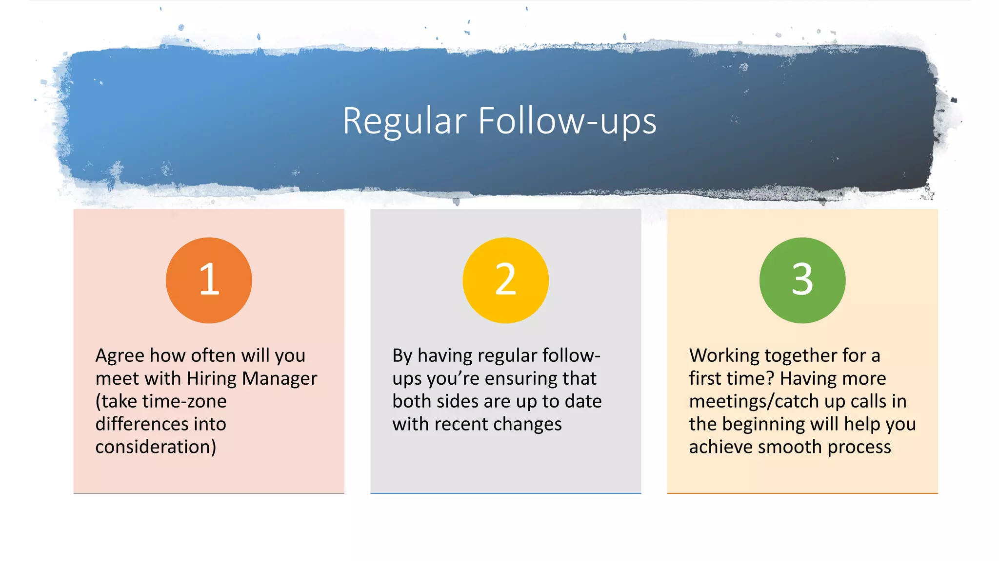 Regular Follow-ups
Agree how often will you
meet with Hiring Manager
(take time-zone
differences into
consideration)
1
By having regular follow-
ups you’re ensuring that
both sides are up to date
with recent changes
2
Working together for a
first time? Having more
meetings/catch up calls in
the beginning will help you
achieve smooth process
3
 