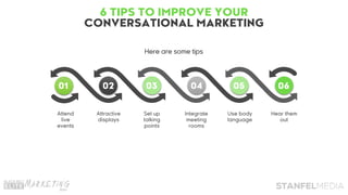 6 TIPS TO IMPROVE YOUR
CONVERSATIONAL MARKETING
92
Attend
live
events
01 02 03 04 05 06
Attractive
displays
Set up
talking
points
Integrate
meeting
rooms
Use body
language
Hear them
out
Here are some tips
 