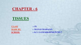 CHAPTER - 6
TISSUES
CLASS :- IX
MADE BY :- MANAS MAHAJAN
SCHOOL :- K.V. GANESHKHIND PUNE-7
 