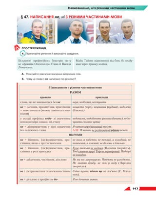   147
СПОСТЕРЕЖЕННЯ
1.	 Прочитайте речення й виконайте завдання.
Більшості професійних боксерів світу
не здужати Олександра Усика й Василя
Ломаченка.
Майк Тайсон відмовився від бою, бо незду-
жав через травму коліна.
А.	 Розкрийте лексичне значення виділених слів.
Б.	 Чому ці слова з не написано по-різному?
Написання не з різними частинами мови
РАЗОМ
правило приклади
слова, що не вживаються без не неук, недбалий, нехтувати
не + іменник, прикметник, прислівник
= нове поняття (можна замінити сино-
німом)
нещастя (горе), нецікавий (нудний), недалеко
(близько)
у складі префікса недо- зі значенням
неповної міри ознаки, дії, стану
недопалок, недобачати (погано бачити), недо-
чувати (погано чути)
не + дієприкметник у ролі означення
без залежного слова
Я читаю нередагований текст.
АЛЕ: Я читаю не редагований ніким текст.
ОКРЕМО
не + іменник, (діє)прикметник, при-
слівник, якщо є протиставлення
не воля, а рабство; не теплий, а холодний; не
позичений, а власний; не далеко, а близько
не + іменник, (діє)прикметник, при-
слівник у ролі присудка
Кров людська не водиця (Народна творчість).
Твої слова не щирі. Твір не перевірений. Надворі
не холодно.
не + займенник, числівник, дієслово Не ми вас запрошуємо. Проекти не узгоджено.
Не знаючи броду, не лізь у воду (Народна
творчість).
не + дієприкметник із залежним словом Співа трава, ніким ще не зім’ята (Є. Мала-
нюк).
не + дієслово з префіксом до- Я не дочитав роман.
§ 47. НАПИСАННЯ не, ні З РІЗНИМИ ЧАСТИНАМИ МОВИ
Написання не, ні з різними частинами мови
 