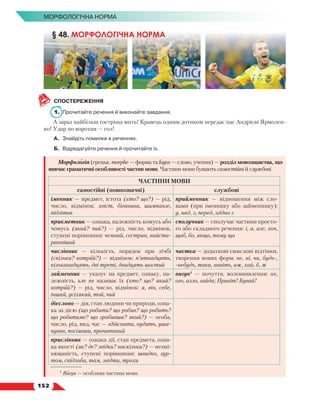   152
МОРФОЛОГІЧНА НОРМА
СПОСТЕРЕЖЕННЯ
1.	 Прочитайте речення й виконайте завдання.
А зараз найбільш гостріша мить! Кравець одним дотиком передає пас Андрієві Ярмолен-
ко! Удар по воротам — гол!
А.	 Знайдіть помилки в реченнях.
Б.	 Відредагуйте речення й прочитайте їх.
Морфологія (грецьк. morphe — форма та logos — слово, учення) — розділ мовознавства, що
вивчає граматичні особливості частин мови. Частини мови бувають самостійні й службові.
ЧАСТИНИ МОВИ
самостійні (повнозначні) службові
іменник — предмет, істота (хто? що?) — рід,
число, відмінок: хвіст, біганина, шимпанзе,
підліток
прийменник — відношення між сло-
вами  (при іменнику або займеннику):
у, над, з, перед, згідно з
прикметник — ознака, належність комусь або
чомусь (який? чий?) — рід, число, відмінок,
ступені порівняння: чемний, сестрин, найста-
ранніший
сполучник — сполучає частини просто-
го або складного речення: і, а, але, хоч,
щоб, бо, якщо, тому що
числівник — кількість, порядок при лічбі
(скільки? котрий?) — відмінок: п’ятнадцять,
кільканадцять, дві треті, двадцять шостий
частка — додаткові смислові відтінки,
творення нових форм: не, ні, чи, будь-,
-небудь, таки, навіть, аж, хай, б, ж
займенник — указує на предмет, ознаку, на-
лежність, але не називає їх (хто? що? який?
котрий?) — рід, число, відмінок: я, він, себе,
інший, усілякий, той, чий
вигук1
— почуття, волевиявлення: ох,
ого, алло, гайда; Привіт! Бувай!
дієслово — дія, стан людини чи природи, озна-
ка за дією (що робити? що робив? що робить?
що робитиме? що зробивши? який?) — особа,
число, рід, вид, час — здійснити, нудить, уша-
нував, посіявши, прочитаний
прислівник — ознака дії, стан предмета, озна-
ка якості (як? де? звідки? наскільки?) — незмі-
нюваність, ступені порівняння: швидко, гур-
том, спідлоба, там, звідти, трохи
§ 48. МОРФОЛОГІЧНА НОРМА
1
Вигук — особлива частина мови.
 