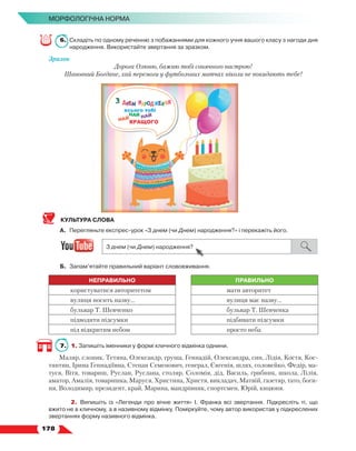   178
МОРФОЛОГІЧНА НОРМА
6.	Складіть по одному реченню з побажаннями для кожного учня вашого класу з нагоди дня
народження. Використайте звертання за зразком.
Зразок
Дорога Олюню, бажаю тобі сонячного настрою!
Шановний Богдане, хай перемоги у футбольних матчах ніколи не покидають тебе!
КУЛЬТУРА СЛОВА
А.	 Перегляньте експрес-урок «З днем (чи Днем) народження?» і перекажіть його.
Б.	 Запам’ятайте правильний варіант слововживання.
НЕПРАВИЛЬНО ПРАВИЛЬНО
користуватися авторитетом мати авторитет
вулиця носить назву... вулиця має назву...
бульвар Т. Шевченко бульвар Т. Шевченка
підводити підсумки підбивати підсумки
під відкритим небом просто неба
7.	 1. Запишіть іменники у формі кличного відмінка однини.
Маляр, слоник, Тетяна, Олександр, груша, Геннадій, Олександра, син, Лідія, Костя, Кос-
тянтин, Ірина Геннадіївна, Степан Семенович, генерал, Євгенія, шлях, соловейко, Федір, ма-
туся, Вітя, товариш, Руслан, Руслана, столяр, Соломія, дід, Василь, грибник, школа, Лілія,
аматор, Амалія, товаришка, Маруся, Христина, Христя, викладач, Матвій, газетяр, тато, боги-
ня, Володимир, президент, край, Марина, мандрівник, спортсмен, Юрій, кицюня.
	 2. Випишіть із «Легенди про вічне життя» І. Франка всі звертання. Підкресліть ті, що
вжито не в кличному, а в називному відмінку. Поміркуйте, чому автор використав у підкреслених
звертаннях форму називного відмінка.
 