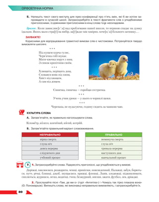   80
Орфоепічна норма
Б.	Напишіть текст свого виступу для прес-конференції про п’ять змін, які б ви хотіли за-
провадити в сучасній школі. Затранскрибуйте в тексті фрагменти слів з уподібненими
приголос­ними, із дзвінкими приголосними в кінці слова та у–нескладовим.
Зразок. Коли замислює[c´:а] над проблемами нашої школи, то першою спадає на думку
їдальня. Якось мало стра[ў] на вибір, за[ў]жди там гамірно, хоче[ц´:а] більшого затишку… .
ЗАУВАЖТЕ!
Корисними для відпрацювання грамотної вимови слів є чистомовки. Потренуйтеся твердо
вимовляти шиплячі.
* * *
Під кущем курча гуляє,
Черв’ячка собі шукає.
Мати-квочка поруч з ним,
З сином крихітним своїм.
* * *
Хлющить, періщить дощ,
Сховався вовк під хвощ.
Хвіст під хвощем,
А сам під дощем.
* * *
Синичка, синичка — горобцю сестричка.
* * *
Учень учив уроки — у нього в чорнилі щоки.
* * *
Черепаха, не нудьгуючи, годину сидить за чашкою чаю.
КУЛЬТУРА СЛОВА
А.	 Запам’ятайте, як правильно наголошувати слова.
Кілометр, колесо, копчений, косий, котрий.
Б.	 Запам’ятайте правильний варіант слововживання.
НЕПРАВИЛЬНО ПРАВИЛЬНО
вірна смерть неминуча смерть
глупа ніч глуха ніч
довга перерва тривала перерва
слідуючого дня наступного дня
учбовий процес навчальний процес
7.	 1. Затранскрибуйте слова. Підкресліть приголосні, що уподібнюються у вимові.
Доріжці, хвилюєшся, розжарити, чешці, принісши, повсякденний, Палажці, забув, борють-
ся, путч, річці, бляшці, дзьоб, знущаєшся, пряжці, флешці, Львів, злодюжці, підживлювати,
сип­лються, журишся, легко, водичці, тчеш, безжурний, знісши, зжати, футбол, лев, дріжджі.
	 2. Прослухайте пісні «Там, де ми є» (гурт «Антитіла») і «Чомусь так гірко плакала вона»
(О. Пономарьов). Випишіть слова, які виконавці неправильно вимовляють, і затранскрибуйте їх.
 