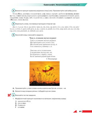   87
2.	 Визначте принцип правопису виділених літер (слів). Прокоментуйте свій вибір (усно).
Тетяна Вовк, дивиться, голодний вовк, дощ, вокзал, портрет, зроблено по-моєму, по моє-
му тілу, сонний, ясень, спростувати, криворізький, переймаєшся, щасливий, їстівний, сукня,
товариство, вілла, Будда, собі, студентство, у діжці, зелений, обласний, гадяцький, кав’ярня
«Мальва», ніжна мальва.
3.	 Перепишіть слова, поставивши пропущені літери е та и.
Дал..ч, ч..р..да, чов..н, кр..шити, трав..нь, ож..ледь, др..жати, сел..з..нь, прил..тіти, заз..рну-
ти, ш..л..стіти, ст..рати, виб..руть, м..жа, л..жати, м..довий, св..стіти, закр..вати, жн..ва, сув..нір,
скр..піти, пов..рхневий, зв..чайний, дол..вати.
4.	 Прочитайте вірш і виконайте завдання.
Чому в..селиками звуться журавлі
Тому в..селиками звуться журавлі,
Що прилітають до в..селої з..млі,
Що теплий день приносять на кр..лі
І зал..шаються у нашому с..лі.
Лиш нав..сні в..селики вони,
А журавлями звуться вос..ни,
Бо журяться, у вирій л..тючи,
Бо не заміниш рідний край нічим.
Г. Паламарчук
А.	 Прокоментуйте, у яких словах на місці крапок має бути е, а в яких — и.
Б.	 Визначте вид складних речень і побудуйте до них схеми.
5.	 Виконайте тестові завдання.
1.	Морфологічний принцип позначився на написанні, виділеному в рядку
	 А	 прокинувся Схід
	 Б	 піклується
	 В	 Голландія
	 Г	 козацтво
Орфографія. Ненаголошені голосні е, и
 