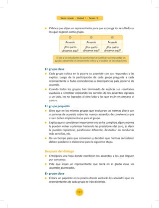 Sexto Grado - Unidad 1 - Sesión 12
En grupo clase
Cada grupo coloca en la pizarra su papelote con sus respuestas y las
explica. Luego de la participación de cada grupo pregunta a cada
representante si hubo coincidencias o discrepancias para ponerse de
acuerdo.
Cuando todos los grupos han terminado de explicar sus resultados
ayúdalos a sintetizar colocando los carteles de los acuerdos logrados
a un lado, los no logrados al otro lado y los que están en proceso al
centro.
En grupo pequeño
Diles que en los mismos grupos que evaluaron las normas ahora van
a ponerse de acuerdo sobre los nuevos acuerdos de convivencia que
creen deben implementarse para el grupo.
Explica que si consideran importante y no se ha cumplido alguna norma
la pueden volver a plantear haciendo las precisiones del caso, es decir
la pueden replantear, parafrasear diferente, desdoblar en conductas
más sencillas, etc.
Da un tiempo para que conversen y decidan que normas consideran
deben quedarse o elaborarse para la siguiente etapa.
Después del diálogo
Entrégales una hoja donde escribirán los acuerdos a los que lleguen
por consenso.
Pide que elijan un representante que leerá en el grupo clase los
acuerdos planteados.
En grupo clase
Coloca un papelote en la pizarra donde anotarás los acuerdos que los
representantes de cada grupo te irán diciendo.
El dar a los estudiantes la oportunidad de justificar sus respuestas los
ayuda a desarrollar el pensamiento crítico y el análisis de las situaciones.
  
Acuerdo Acuerdo Acuerdo
¿Por qué lo
ubicamos aquí?
¿Por qué lo
ubicamos aquí?
¿Por qué lo
ubicamos aquí?
Pídeles que elijan un representante para que exponga los resultados a
los que llegaron como grupo.
111
 