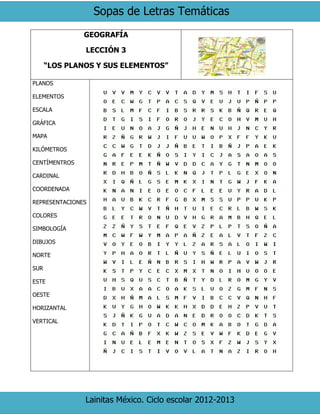 Sopas de Letras Temáticas
Lainitas México. Ciclo escolar 2012-2013
GEOGRAFÍA
LECCIÓN 3
“LOS PLANOS Y SUS ELEMENTOS”
PLANOS
ELEMENTOS
ESCALA
GRÁFICA
MAPA
KILÓMETROS
CENTÍMENTROS
CARDINAL
COORDENADA
REPRESENTACIONES
COLORES
SIMBOLOGÍA
DIBUJOS
NORTE
SUR
ESTE
OESTE
HORIZANTAL
VERTICAL
 