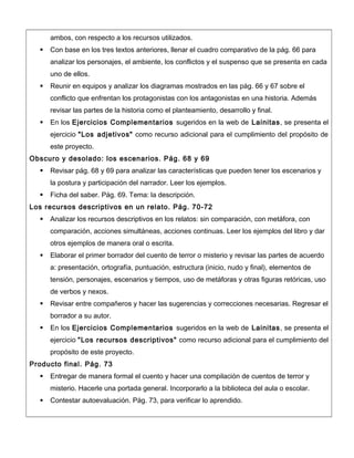ambos, con respecto a los recursos utilizados.
 Con base en los tres textos anteriores, llenar el cuadro comparativo de la pág. 66 para
analizar los personajes, el ambiente, los conflictos y el suspenso que se presenta en cada
uno de ellos.
 Reunir en equipos y analizar los diagramas mostrados en las pág. 66 y 67 sobre el
conflicto que enfrentan los protagonistas con los antagonistas en una historia. Además
revisar las partes de la historia como el planteamiento, desarrollo y final.
 En los Ejercicios Complementarios sugeridos en la web de Lainitas, se presenta el
ejercicio "Los adjetivos" como recurso adicional para el cumplimiento del propósito de
este proyecto.
Obscuro y desolado: los escenarios. Pág. 68 y 69
 Revisar pág. 68 y 69 para analizar las características que pueden tener los escenarios y
la postura y participación del narrador. Leer los ejemplos.
 Ficha del saber. Pág. 69. Tema: la descripción.
Los recursos descriptivos en un relato. Pág. 70-72
 Analizar los recursos descriptivos en los relatos: sin comparación, con metáfora, con
comparación, acciones simultáneas, acciones continuas. Leer los ejemplos del libro y dar
otros ejemplos de manera oral o escrita.
 Elaborar el primer borrador del cuento de terror o misterio y revisar las partes de acuerdo
a: presentación, ortografía, puntuación, estructura (inicio, nudo y final), elementos de
tensión, personajes, escenarios y tiempos, uso de metáforas y otras figuras retóricas, uso
de verbos y nexos.
 Revisar entre compañeros y hacer las sugerencias y correcciones necesarias. Regresar el
borrador a su autor.
 En los Ejercicios Complementarios sugeridos en la web de Lainitas, se presenta el
ejercicio "Los recursos descriptivos" como recurso adicional para el cumplimiento del
propósito de este proyecto.
Producto final. Pág. 73
 Entregar de manera formal el cuento y hacer una compilación de cuentos de terror y
misterio. Hacerle una portada general. Incorporarlo a la biblioteca del aula o escolar.
 Contestar autoevaluación. Pág. 73, para verificar lo aprendido.
 