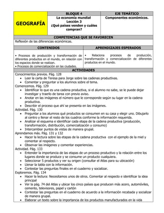 BLOQUE 4                          EJE TEMÁTICO
                            La economía mundial                 Componentes económicos.
                                  Lección 3
GEOGRAFÍA                ¿Qué países venden y cuáles
                                  compran?

                            COMPETENCIAS QUE SE FAVORECEN
Reflexión de las diferencias económicas.

               CONTENIDOS                                APRENDIZAJES ESPERADOS

• Procesos de producción y transformación de •          Relaciona   procesos    de    producción,
diferentes productos en el mundo, en relación con transformación y comercialización de diferentes
los espacios donde se realizan.                   productos en el mundo.
• Procesos de comercialización en las ciudades.
                                        ACTIVIDADES
Conocimientos previos. Pág. 128
   • Leer la carta de Teresa para Jorge sobre las cadenas productivas.
   • Comentar y preguntar a los alumnos sobre el tema.
Comencemos. Pág. 129
   • Identificar lo que es una cadena productiva, si el alumno no sabe, se le puede dejar
       investigar y traerlo de tarea con previo aviso.
   • Anotar en las imágenes el número que le corresponde según su lugar en la cadena
       productiva.
   • Describir el proceso que ahí se presenta en las imágenes.
Actividad. Pág. 130
   • Preguntar a los alumnos qué productos se consumen en su casa y elegir uno. Dibujarlo
       al centro y llenar el resto de los cuadros conforme la información requerida.
   • Analizar el esquema e identificar cada etapa de la cadena productiva (producción,
       transformación, distribución, comercialización y consumo)
   • Intercambiar puntos de vistas de manera grupal.
Aprendamos más. Pág. 131 y 132
   • Hacer la lectura sobre las etapas de la cadena productiva con el ejemplo de la miel y
       comentar al respecto.
   • Observar las imágenes y comentar experiencias.
Actividad. Pág. 133
   • Entender la importancia de las etapas de un proceso productivo y la relación entre los
       lugares donde se produce y se consume un producto cualquiera.
   • Seleccionar 5 productos y ver su origen (consultar el Atlas para su ubicación)
   • Llenar la tabla con la información.
   • Contestar las preguntas finales en el cuaderno y socializar.
Exploremos. Pág. 134
   • Hacer la lectura: Necesitamos unos de otros. Comentar al respecto e identificar la idea
       principal
   • Ver la pág. 74 del Atlas y ubicar los cinco países que producen más acero, automóviles,
       cemento, televisores, papel y cartón
   • Contestar las preguntas en el cuaderno de acuerdo a la información recabada y socializar
       de manera grupal.
   • Elaborar un texto sobre la importancia de los productos manufacturados en la vida
 