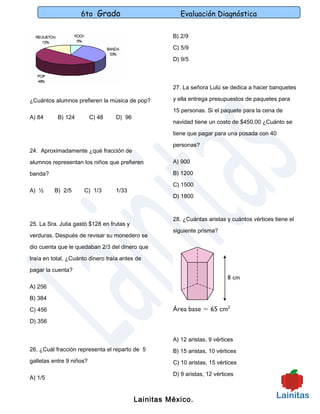 6to Grado                           Evaluación Diagnóstica

                                                     B) 2/9

                                                     C) 5/9

                                                     D) 9/5



                                                     27. La señora Lulú se dedica a hacer banquetes

¿Cuántos alumnos prefieren la música de pop?         y ella entrega presupuestos de paquetes para

                                                     15 personas. Si el paquete para la cena de
A) 84      B) 124         C) 48   D) 96
                                                     navidad tiene un costo de $450.00 ¿Cuánto se

                                                     tiene que pagar para una posada con 40

                                                     personas?
24. Aproximadamente ¿qué fracción de

alumnos representan los niños que prefieren          A) 900

banda?                                               B) 1200

                                                     C) 1500
A) ½      B) 2/5      C) 1/3      1/33
                                                     D) 1800



                                                     28. ¿Cuántas aristas y cuántos vértices tiene el
25. La Sra. Julia gastó $128 en frutas y
                                                     siguiente prisma?
verduras. Después de revisar su monedero se

dio cuenta que le quedaban 2/3 del dinero que

traía en total, ¿Cuánto dinero traía antes de

pagar la cuenta?

A) 256

B) 384

C) 456

D) 356


                                                     A) 12 aristas, 9 vértices
26. ¿Cuál fracción representa el reparto de 5        B) 15 aristas, 10 vértices
galletas entre 9 niños?                              C) 10 aristas, 15 vértices

                                                     D) 9 aristas, 12 vértices
A) 1/5


                                           Lainitas México.
 