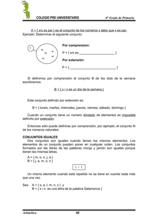 P a
u
i
o
e
COLEGIO PRE UNIVERSITARIO 6to
Grado de Primaria
A = { x/x es par } es el conjunto de los números x tales que x es par.
Ejemplo: Determinar el siguiente conjunto:
Por comprension:
P = { x/x es ____________________ }
Por extensión:
P = { __________________________ }
Si definimos por comprensión el conjunto B de los días de la semana
escribiremos.
B = { x / x es un día de la semana }
Este conjunto definido por extensión es:
B = { lunes, martes, miercoles, jueves, viernes, sábado, domingo }
Cuando un conjunto tiene un número ilimitado de elementos es imposible
definirlo por extensión.
Entonces sólo puede definirse por comprensión; por ejemplo; el conjunto N
de los números naturales.
CONJUNTOS IGUALES
Dos conjuntos son iguales cuando tienen los mismos elementos. Los
elementos de un conjunto pueden poner en cualquier orden. Los conjuntos
formados por las letras de las palabras monja y jamón son iguales porque
tienen las mismas letras.
A = { m, o, n, j, a }
B = { j, a, m, o, n }
A = B
Un mismo elemento cuando está repetido no se tiene en cuenta nada más
que una vez.
Sea A = { s, a, l, m, n, c } y
B = { x / x es una letra de la palabra Salamanca }
Aritmética 42
 